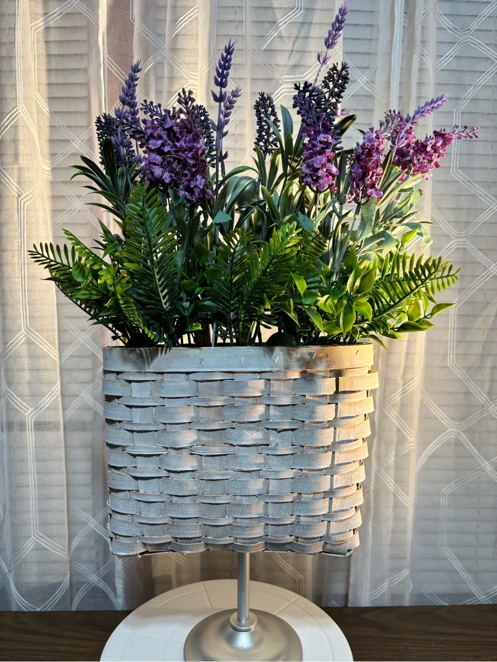 Decorative Lavender and Green Faux Floral Arrangement in White Woven Planter 18”